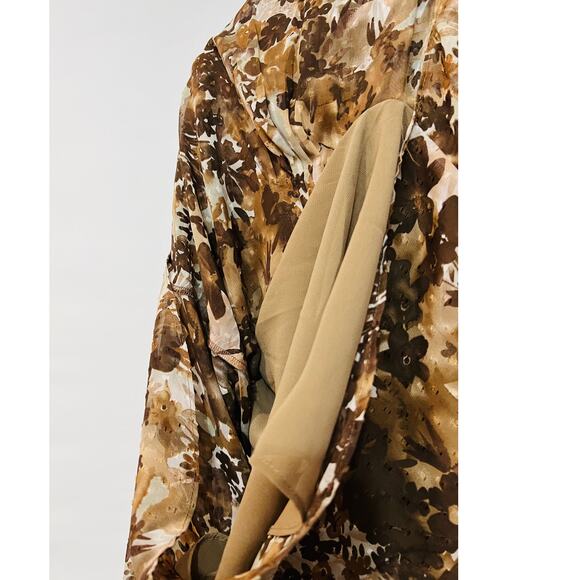 Coldwater Creek Size L 14-16 Women Top Brown Floral Long Sleeve Sheer Lined - Picture 4 of 7